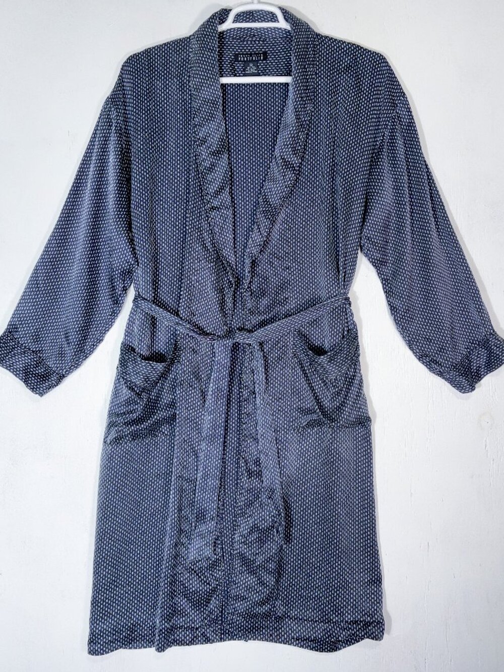 VTG 90s Perry Ellis Portfolio 100% Silk Geometric Robe Mens O/S Navy Blue Luxury